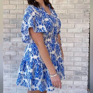 entro Blue and White Printed Ruffle Dress with Brown Accents